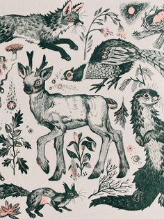 an image of some animals and plants in the wild with pink flowers on white paper