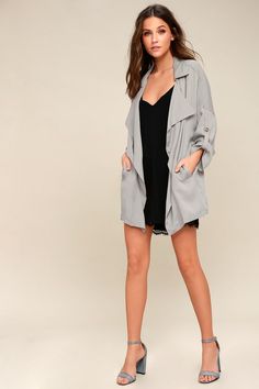 Lady luck must be a fashionable one with numbers like the Lucky Break Light Grey Oversized Jacket! Draping front and dolman sleeves. Romper With Jacket, Lightweight Blazer, Chambray Top, Grey Coat, Cute Blouses, Cute Jackets, Summer Jacket, Oversized Jacket, Light Jacket