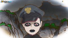 an animated image of a man wearing a police hat and black eyeliners, with trees in the background