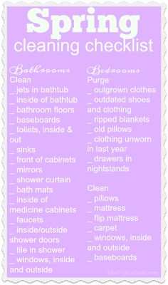 the spring cleaning checklist is shown in pink and white, with words above it