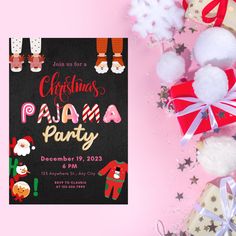 a christmas pajama party with presents and pom poms