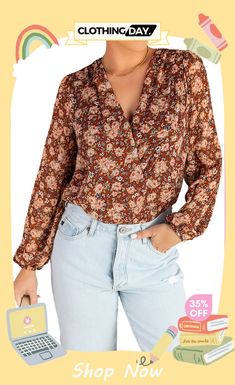 Brown Floral V Neck Blouse Chic Brown Printed Tops, Feminine Brown Tops For Fall, Brown Floral Print Blouse For Day Out, Feminine Brown Blouse For Spring, Trendy Brown Spring Blouse, Brown V-neck Blouse For Day Out, Brown Floral Print Tops For Work, Brown Floral Print Tops For Workwear, Chic Brown Blouse For Spring