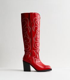 New Look Public Desire Austine Red Leather-Look Embroidered Knee High Cowboy Boots. Brand: Public Desire Material: leather-look Fit: standard Shoe Style: knee-high cowboy boots Colour: red Fastening: pull-on Design: cowboy style, embroidered details, block heel Brand Bio: Public Desire will put a spring in your step with their latest footwear styles. From the trend-led to unique designs, expect the hottest shoes and accessories for any occasion. High Cowboy Boots, Knee High Cowboy Boots, Red Cowboy Boots, Flat Heel Boots, Pony Club, Club Ideas, Public Desire, Birthday Board