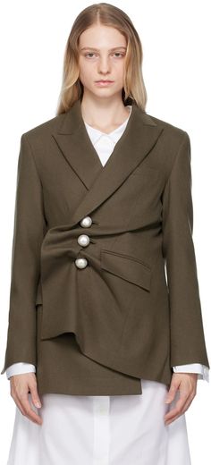 KIMHĒKIM: Khaki Draped Blazer | SSENSE Asymmetrical Single Breasted Outerwear For Office, Asymmetrical Single-breasted Outerwear For Office, Asymmetrical Single-breasted Outerwear For Work, Asymmetrical Single-breasted Office Outerwear, Asymmetrical Business Blazer For Fall, Asymmetric Blazer, Costumes 2024, Draped Coat, Asymmetrical Coat