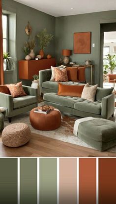 a living room filled with furniture and lots of color swatches in shades of green