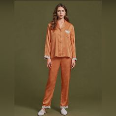 Luvlette Floral Jacquard Contrast Lace Pocket Front Blouse And Pants Pajamas Set. Color: Orange Size S (Us 4) : Pants: Length 101 Cm, Waist Size 60-98 Cm , Hip Size 108 Cm Tops: Shoulder 39cm, Length 65cm, Sleeve Length 59cm, Bust 104 Cm, Cuff 28cm Orange Pajamas, Clawdia Wolf, Leopard Pajamas, Blouse And Pants, Black Lounge, Halloween Pajamas, Lace Pocket, Calvin Klein Shorts, Christmas Pajama Set