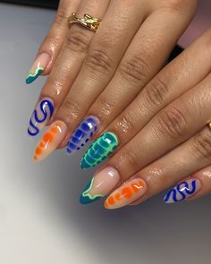 Art vibe 💚 @soukaina.lah #nails #nailsstrasbourg #frenchnails #nailart #nailartstrasbourg #onglesstrasbourg #ongles #3Dnails #prothesisteongulaire Square Nail French Designs, Colorful Nail Designs Acrylics, Marbella Nails, Fun Nails Designs, Different Design On Each Nail, Art Vibe, Pastel Nails Designs, Diy Acrylic Nails