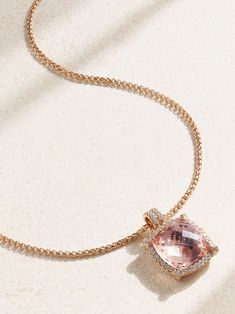 DAVID YURMAN Châtelaine® 18-karat rose gold, morganite and diamond necklace Evening Diamond Necklace With Gemstone In Fine Jewelry Style, Fine Jewelry Diamond Necklace With Gemstones For Evening, Elegant White Gold Cushion Cut Necklace, Formal Rose Gold Cushion Cut Jewelry, Luxury Sapphire Diamond Necklace, Refined Formal Jewelry With Pave Setting, Luxury Cushion Cut Diamond Accent Necklace, Refined Pave Setting Jewelry For Formal Occasions, Luxury Diamond Cushion Cut Necklace