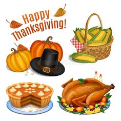 happy thanksgiving card with turkey, pumpkins and pie