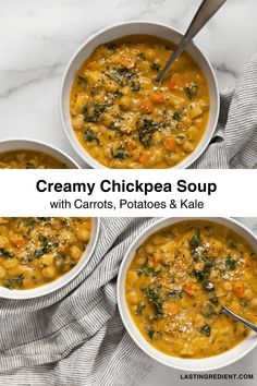 three bowls of creamy chickpea soup with carrots, potatoes and kale