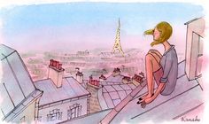 a drawing of a woman sitting on top of a building looking at the eiffel tower