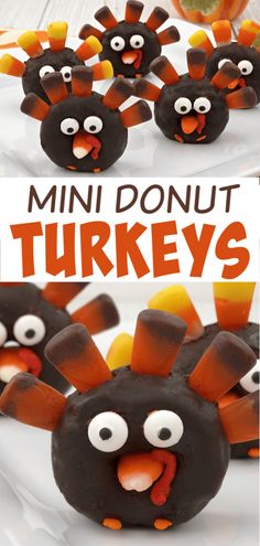 mini donut turkeys on a plate with candy