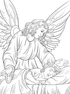 an adult and child laying in bed next to each other with angel wings above them