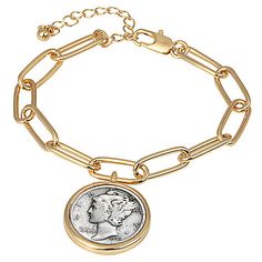 American Coin Treasures Mercury Dime Coin Goldtone Elongated Link Bracelet - Features:Genuine Coin Jewelry Bracelet. Chain and Extender is 7"+3 American Coins, Mens Gold Jewelry, Italian Jewelry, Bracelet Chain, Coin Jewelry, White Mark, Sun Tan, Jewelry Bracelet, Pendant Rings