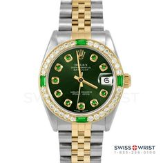 SKU#: 6827-TT-GRN-EMD-AM-4EMD-JBLPre-Owned Rolex 6827 Midsize 31mm Datejust Watch, Custom Green Emerald Dial & Custom Emerald and Diamond Bezel on Rolex Yellow Gold & Stainless Steel Jubilee Band Model#: 6827 Case: Rolex 31mm Stainless Steel Case Movement: Rolex Automatic 2030 Caliber Dial: Custom Green Dial with Emerald Hour Markers (Not Made by Rolex) Bezel: Custom Emerald and Diamond Bezel (Not Made by Rolex) Band: Rolex Yellow Gold & Stainless Steel Jubilee Band This Beautiful Watch Comes Fu Formal Green Watch With Date Display, Green Formal Watch With Date Display, Formal Green Watch Accessories With Date Indicator, Classic Green Round Watch, Luxury Green Watch Accessories With Date Display, Formal Green Diamond Watch With Round Dial, Green Round Chronograph Watches, Formal Green Watches With Diamond Hour Markers, Green Chronograph Round Watch