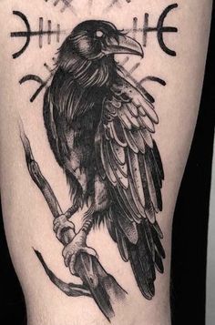 Raven Sleeve Tattoo Men, Nordic Crow Tattoo, Raven Leg Tattoo, Gothic Raven Tattoo, Crow And Moon Tattoo, Raven Tattoo Ideas For Men, Raven Back Tattoo, Raven Tattoo Men, Raven And Skull Tattoo