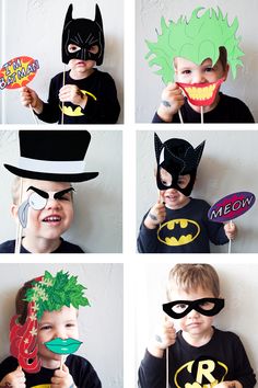 a series of photos showing the different faces of children wearing batman masks and holding candy