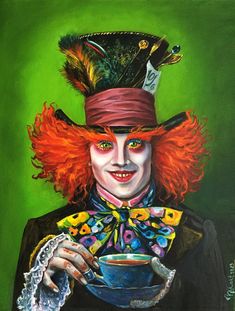 a painting of a clown holding a tea cup and wearing a top hat with feathers on it