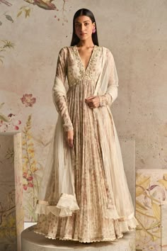 Ridhi Mehra | Flair Ivory Printed Anarkali And Dupatta | INDIASPOPUP.COM Anarkali Designs, Ridhi Mehra, Printed Anarkali, Long Anarkali, Anarkali Dress Pattern, Gaun Fashion, Traditional Indian Dress, Desi Fashion Casual, Indian Dresses Traditional