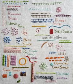 a cross stitch pattern with different stitches and threads on white fabric, including the words