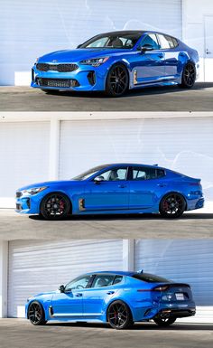 three different views of a blue car parked in front of a garage