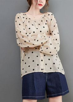 Elegant Apricot Loose Button Print Fall Dot Long sleeve TopsFabric: Cotton 45%, Linen 55%Size & Fit: Fit: This garment fits true to size.Length: Size M measures 24.57"from shoulder to hemBust: Great for any cup size. Waist: Loose Fit. Comfortable room throughout midsection.Hip: Loose Fit - room for hips. Hand Wash Cold. Long Sleeve Polka Dot Blouse For Summer, Polka Dot Button-up Blouse For Fall, Polka Dot Long Sleeve Blouse With Button Closure, Long Sleeve Polka-dot Blouse With Button Closure, Casual Polka Dot Blouse With Buttons, Casual Polka Dot Blouse For Fall, Spring Polka Dot Tops With Button Closure, Polka Dot Blouse With Button Closure For Fall, Fall Polka Dot Blouse With Button Closure