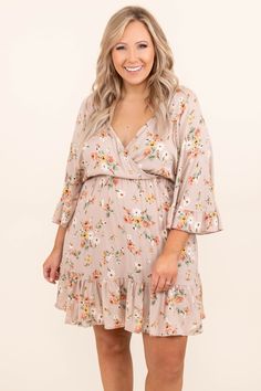 Chic Soul plus size clothing, khaki floral design 3/4 length bell sleeve dress with ruffle bottom Flowy Ditsy Floral Print Dress With Ruffle Sleeves, Flowy Dress With Ditsy Floral Print And Ruffle Sleeves, Feminine Floral Print Dress With Ruffle Sleeves, Feminine Flowy Floral Dress For Brunch, Flowy Feminine Floral Dress For Brunch, Garden Party Floral Dress With Ruffle Hem And Sleeves, Feminine Floral Dress With Ruffle Hem And Sleeves, Flirty Floral Print Dress For Brunch, Flirty Ditsy Floral Print Dress For Garden Party