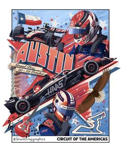 a poster with an image of a race car and the words austin on it