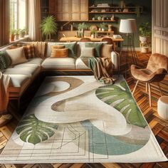 a living room filled with lots of furniture and decor on top of a wooden floor