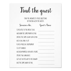 a wedding game with the words, find the guest and an image of someone's name