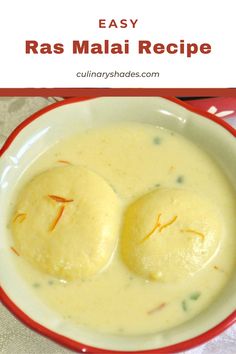 two dumplings in a red bowl with text overlay that reads easy ras malai recipe