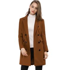 We love the simple ease of finely structured pieces, especially when they are beautiful and chic as this coat.Featuring a longline silhouette, this streamlined piece features a notched lapel, a double-breasted front, two flap pockets, a vented back and long sleeves w buttons decor.Please check your measurements to make sure the item fits before ordering. Size: large. Color: dark brown. Gender: female. Age Group: adult. Pattern: Solid. Material: Polyester. Classic Brown Solid Color Outerwear, Winter Solid Double-breasted Blazer, Double-breasted Fall Outerwear, Elegant Double-breasted Outerwear For Fall, Solid Double-breasted Wool Coat For Fall, Elegant Button-up Outerwear For Winter, Tailored Solid Color Fall Blazer, Tailored Solid Color Blazer For Fall, Solid Wool Coat With Double-breasted Button For Fall