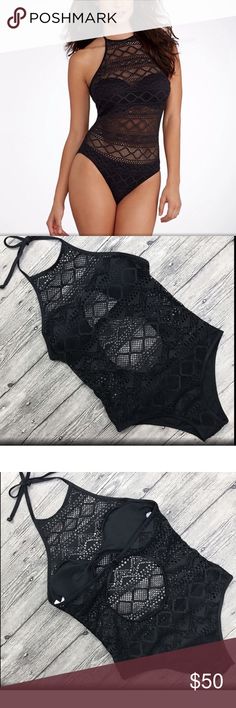 Lace One Piece Swimsuit Black lace one piece bathing suit. With padded cups.  Available in S,M and Large Misty Pearl Swim One Pieces Chic Black Beach Bodysuit, Chic Black Bodysuit For Beach, Black One-piece Bodysuit For Vacation, Black Halter Neck Bodysuit For Beach, Black Halter Neck Bodysuit For The Beach, Black Halter Neck Summer Bodysuit, Chic Black Bodysuit For The Beach, Black Stretch One Piece For Party, Black Stretch One-piece For Party