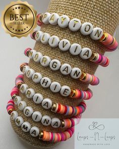 This are the cutest clay heishi stretch bracelets! They make the perfect gifts for moms, daughters grandmas, sisters, bridesmaids, flower girls, baby shower, graduations, birthdays, bachelorette party, best friends, teachers... the list is endless. 🖤THIS LISTING IS FOR STYLE OF YOUR CHOICE IN RAINBOW COLOR MIX  🖤ONE WORD, NAME OR INITIALS CAN BE ADDED 🖤Handmade Item 🖤Bracelet Length: 6.75" (Standard) 🖤Materials: Heishi Beads, Clay Disc Beads, Gold Beads, Letter Beads 🖤Closure: Tie 🖤Made to Order 🖤Looking for a specific color? Pattern? Etc... anything you can image let me know and I will do my best to fulfill your order!  CARE INSTRUCTIONS 🖤Store in a jewelry box or bag. 🖤It is recommended that you avoid water, lotions, perfumes or soaps. These bracelets are perfect for stacking o Cheap Name Bracelet For Friendship, Affordable Customized Multicolor Name Bracelet, Polymer Clay Stretch Bracelet With Round Beads For Gifts, Polymer Clay Stretch Bracelet With Round Beads Gift, Round Beaded Stretch Bracelet In Polymer Clay As Gift, Beaded Stretch Bracelet In Polymer Clay As Gift, Beaded Polymer Clay Stretch Bracelet As Gift, Round Beads Polymer Clay Friendship Bracelets Gift, Gift Polymer Clay Friendship Bracelets With Round Beads