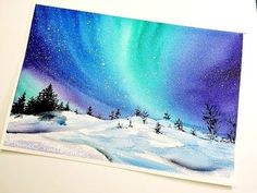 a watercolor painting of the aurora bore over a snow covered field with evergreen trees