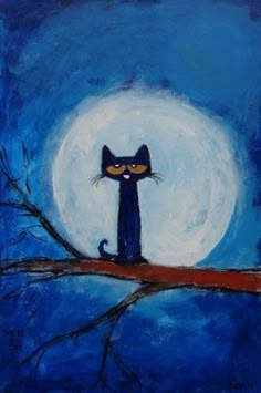 a painting of a cat sitting on a tree branch with the moon in the background