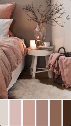 a bedroom with brown and red colors in the bedding, rugs and pillows