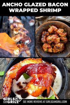 ancho glazed bacon wrapped shrimp is cooking on the grill and then being grilled