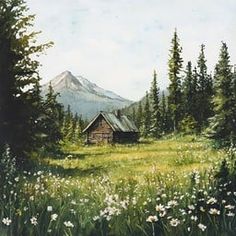 a painting of a cabin in the middle of a field with wildflowers and trees