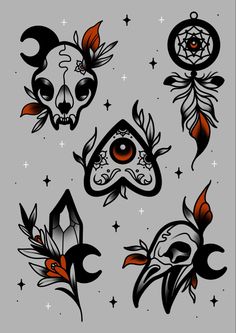 four different tattoos with skulls and flowers on the back of their heads, including an eye