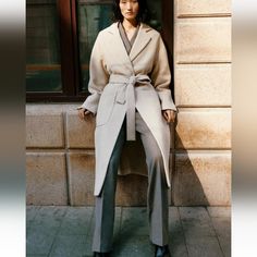 Coat With Natched Lapel Collar Long Sleeves Front Patch Pockets Tied Self Belt Tonal Interior Lining Side Vents Pit To Pit 22" Length 49" Wool Wrap Coat, Wool Wrap, Wrap Coat, Zara Jackets, Lapel Collar, Patch Pocket, Jackets For Women, Long Sleeves, Zara