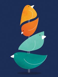 three birds sitting on top of each other in front of a dark blue background with orange and green colors