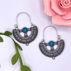 Boho Silver Turquoise Hoop Earrings Alloy Material Bohemian Style Boho Turquoise Metal Hoop Earrings, Blue Bohemian Metal Hoop Earrings, Blue Small Hoop Earrings For Festival, Nickel-free Blue Metal Hoop Earrings, Turquoise Metal Round Hoop Earrings, Nickel-free Turquoise Metal Hoop Earrings, Nickel-free Blue Hoop Earrings For Festivals, Bohemian Blue Sterling Silver Hoop Earrings, Blue Bohemian Sterling Silver Hoop Earrings