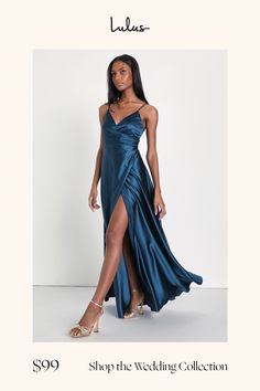 a woman in a blue dress with the words shop the wedding collection