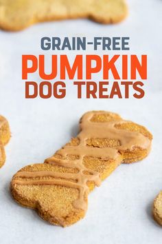 grain - free pumpkin dog treats with peanut butter drizzled on the top