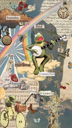 a collage of images with words and pictures on them, including an image of a frog