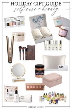 the holiday gift guide for women is shown in white and gold, with various items on it