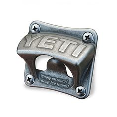 an aluminum bottle opener with the word yeti on it's front and side