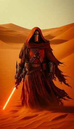 a star wars character standing in the desert with a lightsaben on his shoulder