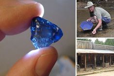 a man kneeling down next to a building and holding a piece of blue glass in his hand